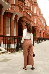 Wide leg organic cotton cargo pant and white turtleneck