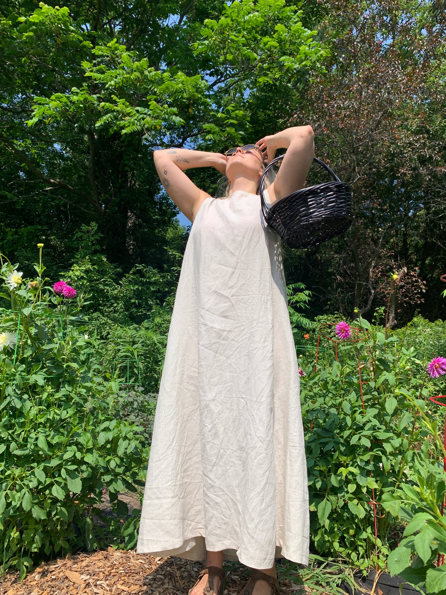 Linen maxi dress worn in garden