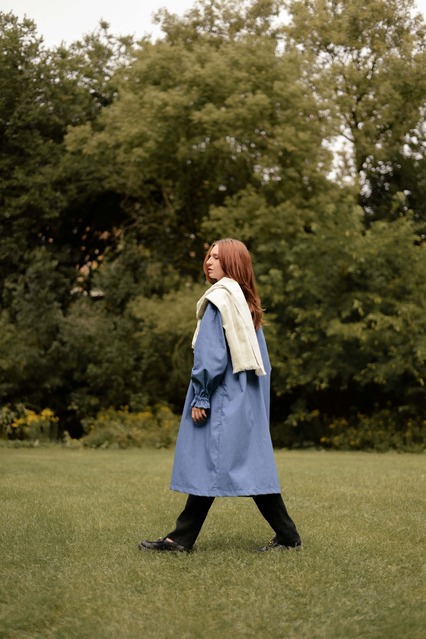 Fall denim oversized jacket and white plaid scarf