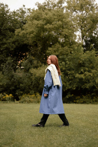 Fall denim oversized jacket and white plaid scarf