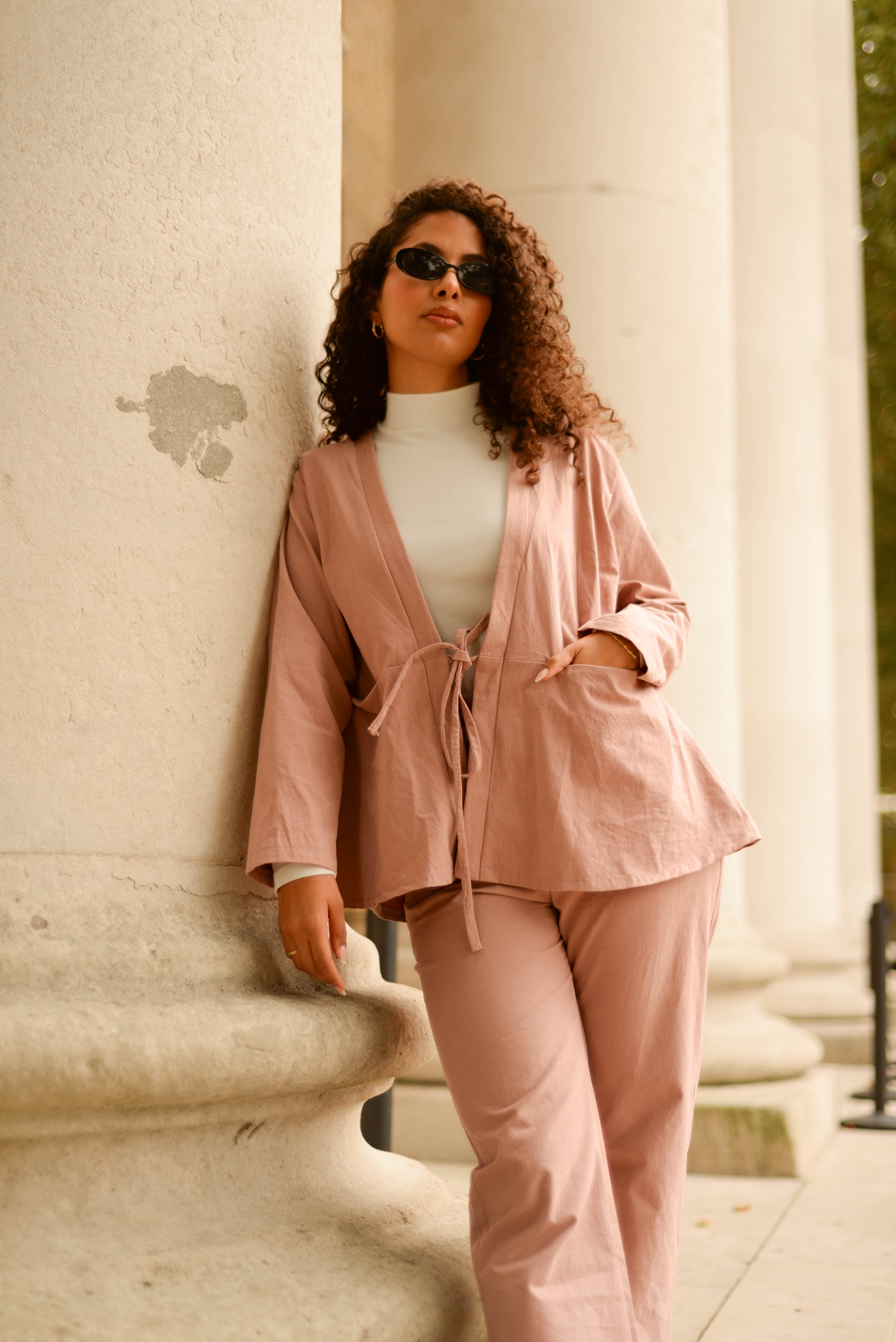 Sustainable organic cotton pink suit set. Tie front jacket