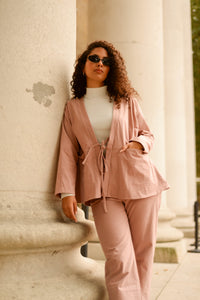 Sustainable organic cotton pink suit set. Tie front jacket