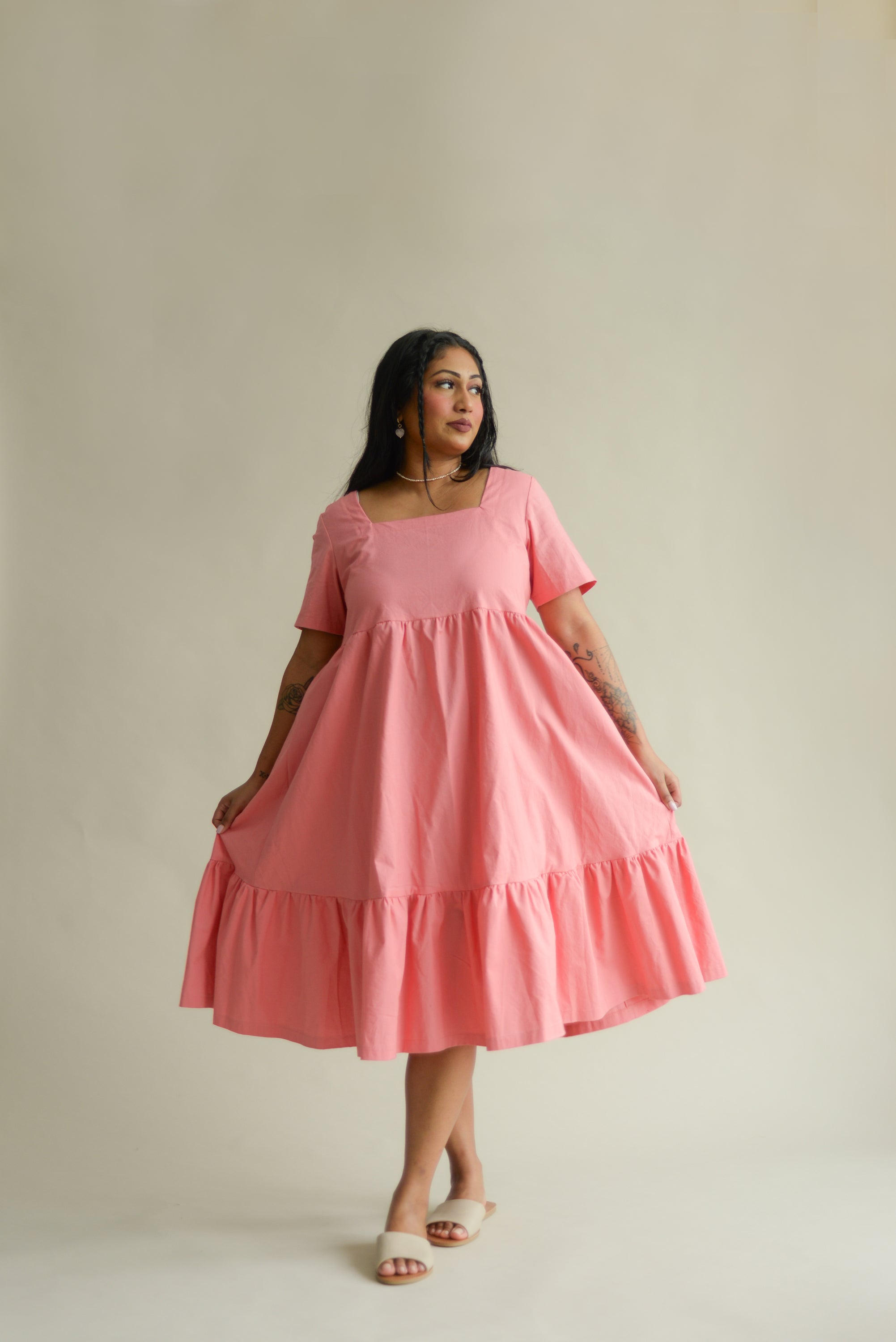 organic cotton pink tiered dress with square neckline