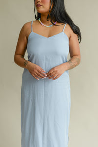 pale blue slip dress made with sustainable materials